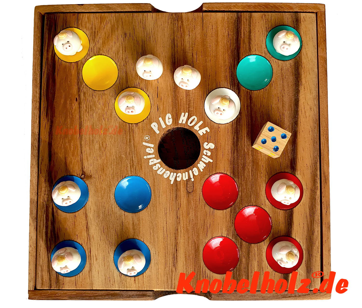 Pig Hole Schweinchenspiel, das Original Spiel von Knobelholz 60 Keramik Schweinchen und ein Holz Würfel