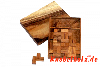 11 L Puzzle Box Pentominoe aus Holz in großer Holzbox in den Maßen 13,0 x 11,0 x 2,8 cm, monkey pod puzzle