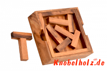 4 T Box geschicklichkeits Puzzle aus Holz in kleiner Holzbox in den Maßen 10,0 x 10,0 x 3,0 cm, monkey pod puzzle