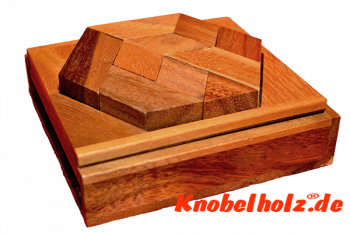 sechseck wooden puzzle Tangram aus Holz Knobelspiel Holzbox in den Maßen 12,0 x 12,0 x 4,2 cm samanea wooden brain teaser