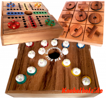 Pig Hole Schweinchenspiel Knobelholz Spielebox mit 3 Spielen Pig Hole,Tic Tac Toe und Ludo, Ludjamgo 6 und nach Haus Familienspiele in einer Spielebox in den Maßen 18,0 x 18,0 x 5,5 cm, big hole samanea wooden game
