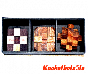3 Holzpuzzle in Papierbox, Knobelbox zum verschenken mit 3 Puzzle aus Holz, Sammlung in Geschenkbox