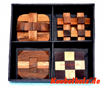 Holzpuzzle Knobelbox als Spielesammlung mit 4 Knobelspielen in handmade Papierbox Crystal Cube, Snake Cube, Interlock Puzzle, Devils Knot, Teufelsknoten, Pen Up Puzzle, Brick Piuzzle