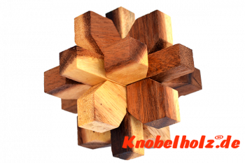 Blumen Holzpuzzle 3D Flower Puzzle Interlock, IQ Puzzle, Geduld Puzzle, Denkspiel in den Maßen 9,5 x 9,5 x 9,5 cm, monkey pod teaser