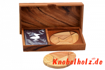 Ei Puzzle Battle Box mit Karten für das Ei des Kolumbus Tangram aus Holz in den Maßen 12,0 x 19,0 x 3,5 cm, monkey pod puzzle