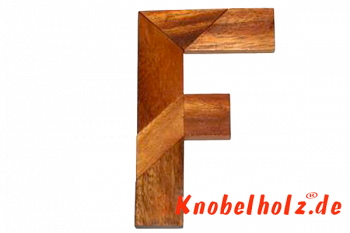 F Puzzle Buchstaben Holzpuzzle F Wooden Game Tangram mit 5 Holzteilen in den Maßen 7,6 x 6,8 x 2,0 cm, Monkey Pod brain teaser