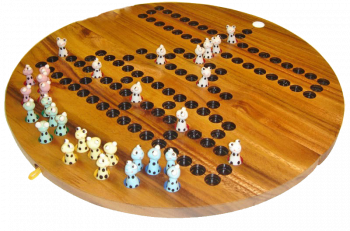 Barrikade Frog, Blockade Würfelspiel aus Samanea Holz mit den Maßen 39,0 x 39,0 x 3,5 cm , barricade wooden game board round monkey pod