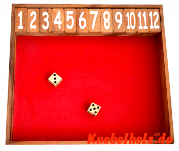 Shut the Box das Klappenspiel Spielbox bis zur Zahl 12 mit Würfeln in den Maßen 31,5 x 30,5 x 4,5 cm, shut the box samanea wooden box 12