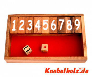 Shut the Box das Klappenspiel bis 9 als  Spielbox in Monkey Pod Holz, shut the box samanea wooden dice game