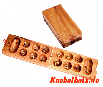 Kalaha afrikanisches Bohnenspiel als Reise Holzvariante in den Maßen 16,3 x 7,8 x 4,5 cm, mancala samanea wooden game