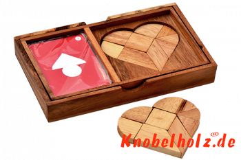 Heart Puzzle Battle Box mit Karten für das Herz Tangram Puzzle aus Holz in den Maßen 12,0 x 19,0 x 3,5 cm, monkey pod puzzle