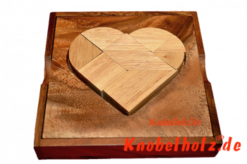 Heart Puzzle Box Ei des Kolumbus Tangram aus Holz in den Maßen 11,5 x 13,5 x 3,0 cm, monkey pod puzzle