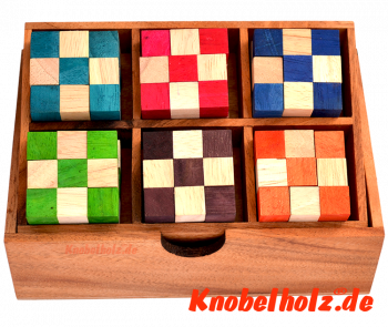 Snake Cube Level Box medium aus Holz mit 6 verschiedenen Schlangenwürfeln, Level Box von Würfelschlangen in Sammelbox mit Maßen 22,0 x 15,4 x 9,0 cm samanea wooden puzzle, monkey pod