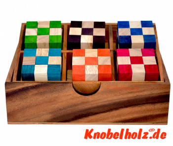 Snake Cube Level Box aus Holz mit 6 verschiedenen Schlangenwürfeln, die Würfelschlangen Sammelbox mit Maßen 19,5 x 13,0 x 7,5 cm samanea wooden puzzle, monkey pod