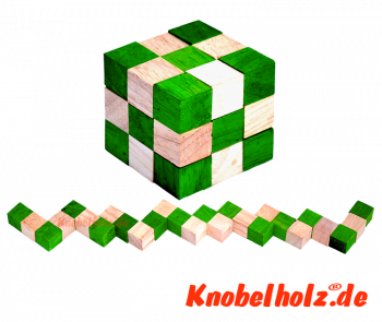 Snake Cube green der level box aus Holz, einer der 6 Schlangenwürfel aus der Snake cube Levelbox Puzzle Sammlung in den Maßen 4,5 x  4,5 x 4,5 cm Samanea Holz, Monkey Pod