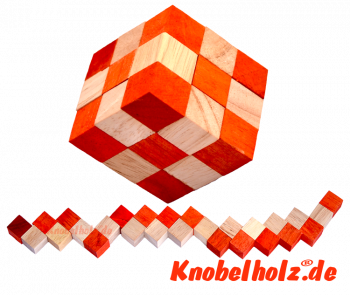 Snake Cube Orange medium Puzzle der Level Box aus Holz, einer der 6 Schlangenwürfel aus der Snake Cube Levelbox, eine Puzzle Sammlung die Würfelschlange in den Maßen 6,0 x  6,0 x 6,0 cm Samanea Holz, Monkey Pod