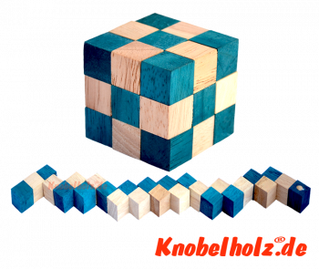 Snake Cube türkis der level box aus Holz, einer der 6 Würfelschlangen aus der Snake Cube Levelbox Puzzle Sammlung in den Maßen 4,5 x  4,5 x 4,5 cm Cobra Cube Samanea Holz, Monkey Pod