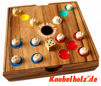 Pig Hole Schweinchenspiel, Pig Hole, Würfelspiel, Kinderspiel, Familienspiele in einer Spielebox in den Maßen 18,0 x 18,0 x 5,5 cm, big hole samanea wooden game