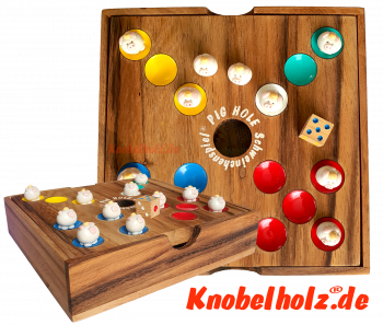 Pig Hole Schweinchenspiel, Pig Hole, Schweinchenspiel, Big Hole Würfelspiel, Kinderspiel, Familienspiele in einer Spielebox in den Maßen 18,0 x 18,0 x 5,5 cm, big hole samanea wooden game