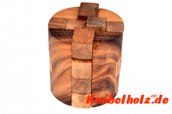Round Cube medium Holzpuzzle 3D Zylinder Puzzle mit mehreren Holzteilen, IQ Puzzle, Geduld Puzzle, Denkspiel in den Maßen 6,0 x 6,0 x 6,5 cm, monkey pod teaser