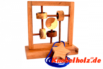 Mond und Sterne large Schnurpuzzle, Mond und Sterne Holz Puzzle, Denkspiel Knobelaufgabe in den Maßen18,0 x 7,0 x 18,0 cm, Samanea wood brain teaser