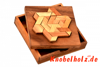 Star Puzzle Box Tangram aus Holz in großer Holzbox in den Maßen 13,0 x 13,0 x 2,8 cm, monkey pod puzzle